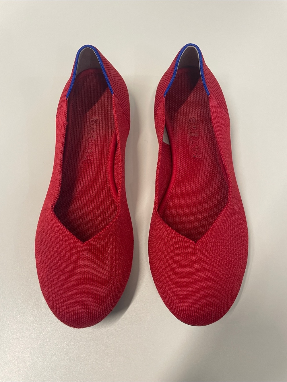Rothy's Red Knit V-Neck Ballet Flats with Blue Trim